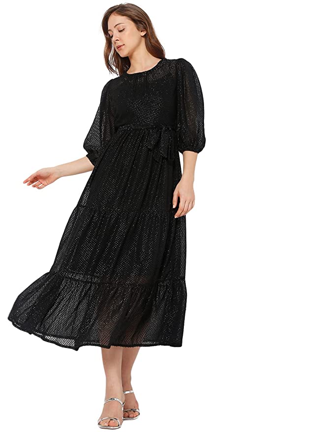 MODA Women's Polyester A-Line Midi Dress (10287073- Black_XS)