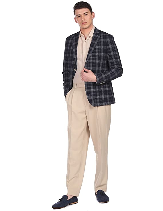 Men Navy Notch Lapel Collar Check Formal Blazer - Image 3