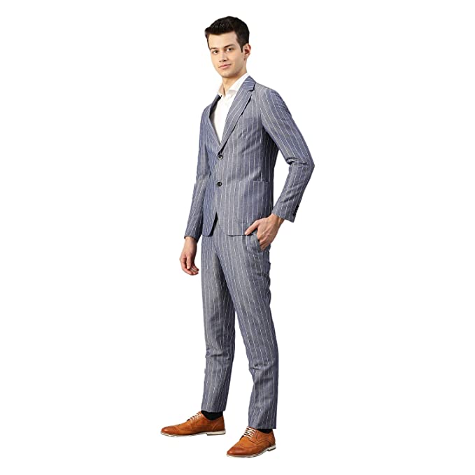 Navy Blue Wool Blend Slim Fit Suit Set - Image 2