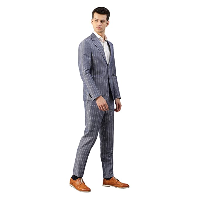 Navy Blue Wool Blend Slim Fit Suit Set - Image 3