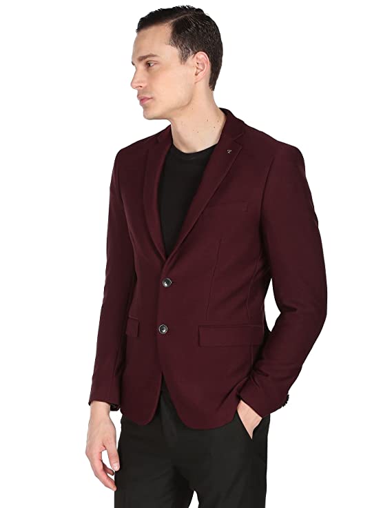 Men Maroon Solid Zero Calorie Fit Formal Blazer - Image 3