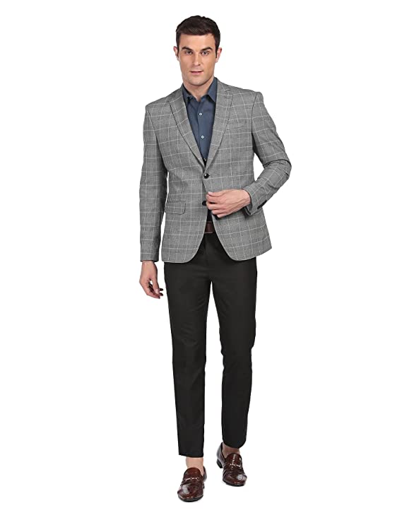 Men Grey Tailored Fit Check Formal Blazer - Image 3