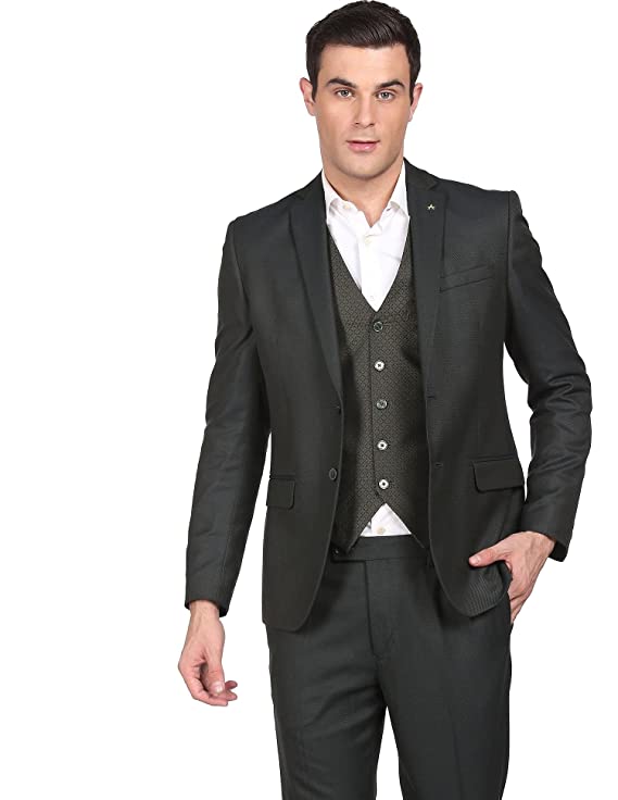 Men Olive Tailored Regular Fit Self Designed Three Piece Suit