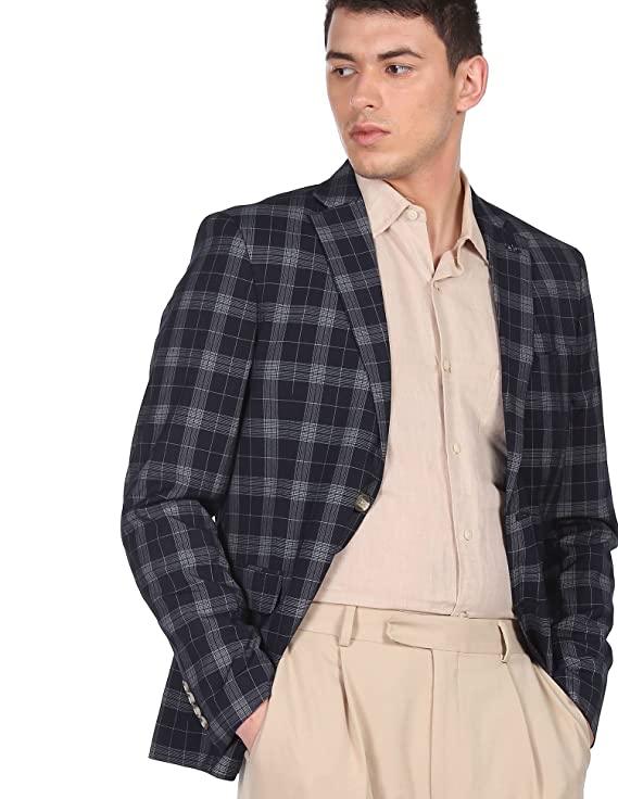Men Navy Notch Lapel Collar Check Formal Blazer - Image 2