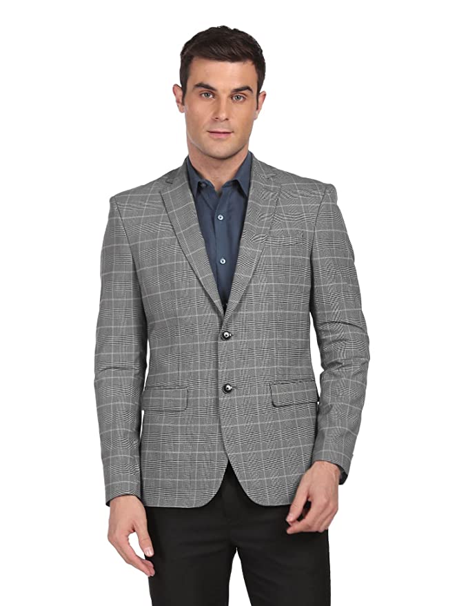 Men Grey Tailored Fit Check Formal Blazer