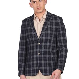Men Navy Notch Lapel Collar Check Formal Blazer