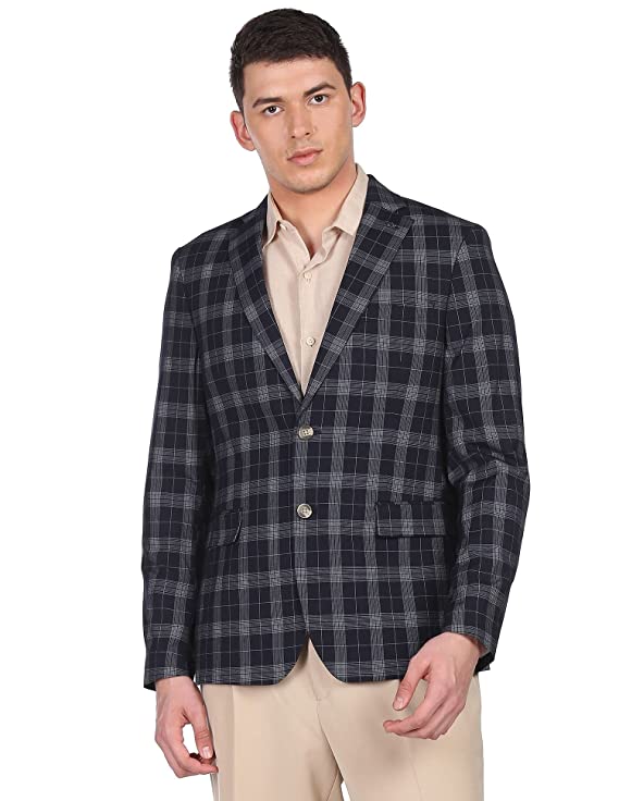 Men Navy Notch Lapel Collar Check Formal Blazer