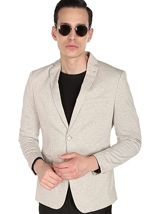 Men Beige Heathered Dobby Weave Formal Blazer