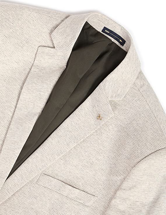 Men Beige Heathered Dobby Weave Formal Blazer - Image 2