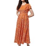 ! Maxi/Full Length A-line Green Dress in Crepe Fabric with Round Neck and Butterfly Sleeve